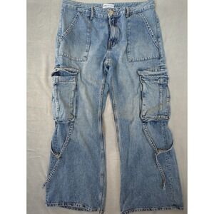 Zara Womens 12 Wide Leg Cargo Jeans Light Wash Baggy Utility Y2K Multi Pocket